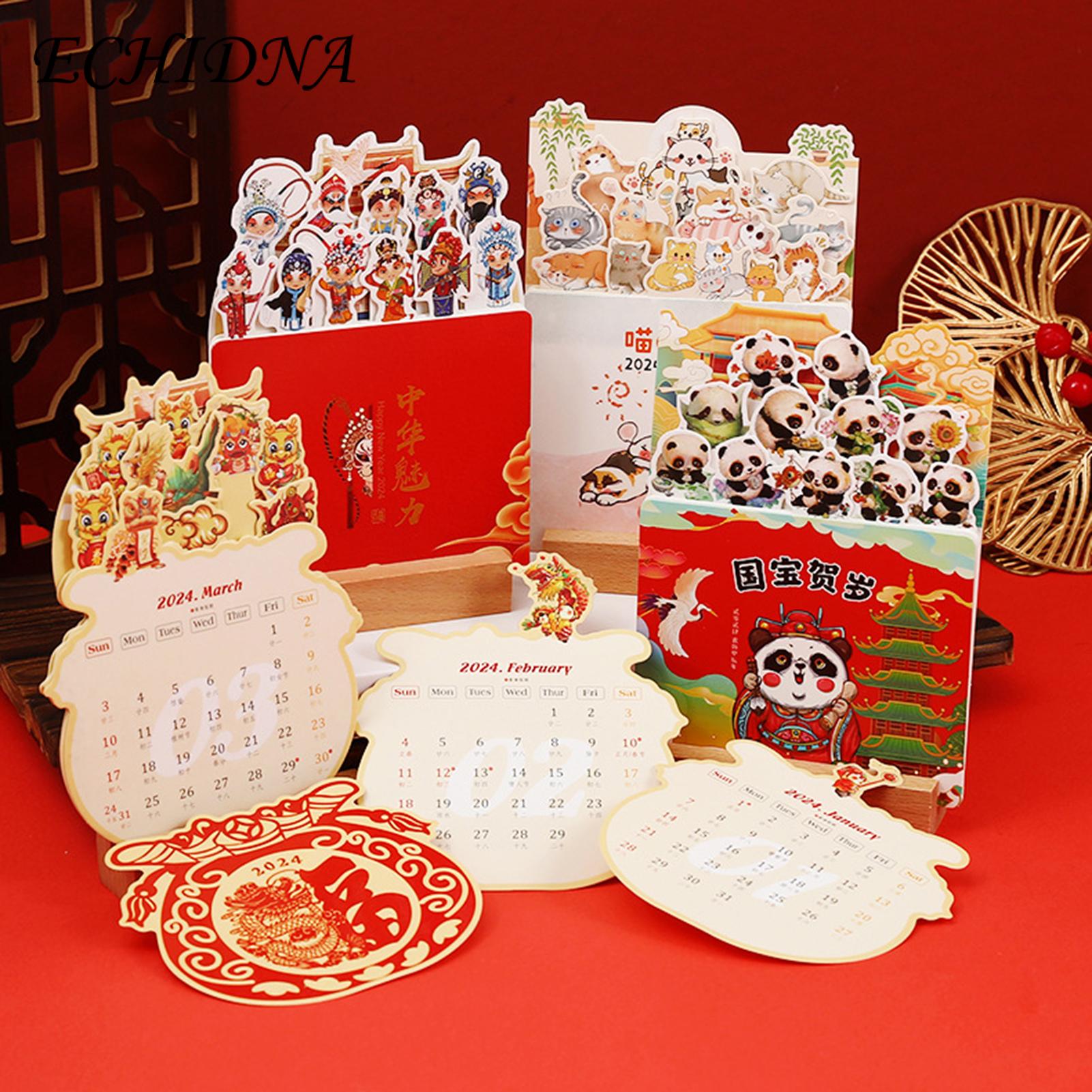 Thickened Paper Calendar 2024 Cartoon Theme Desk Calendar with Wooden Base Monthly Desktop Calendar for Home Office School Jan to Dec 2024 Southeast Asian Buyers' Favorite Non-bleeding Ink Calendar. 