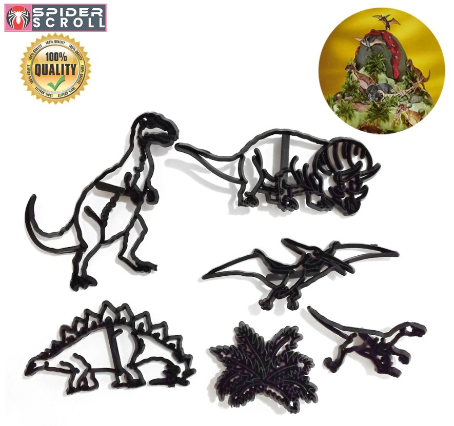 6PCS Cretaceous Dinosaur Animal Cookie Stamp Cutter Plastic Pterosaur Stegosaurus Silhouette Fondant Cutter Cake Decorating Mold