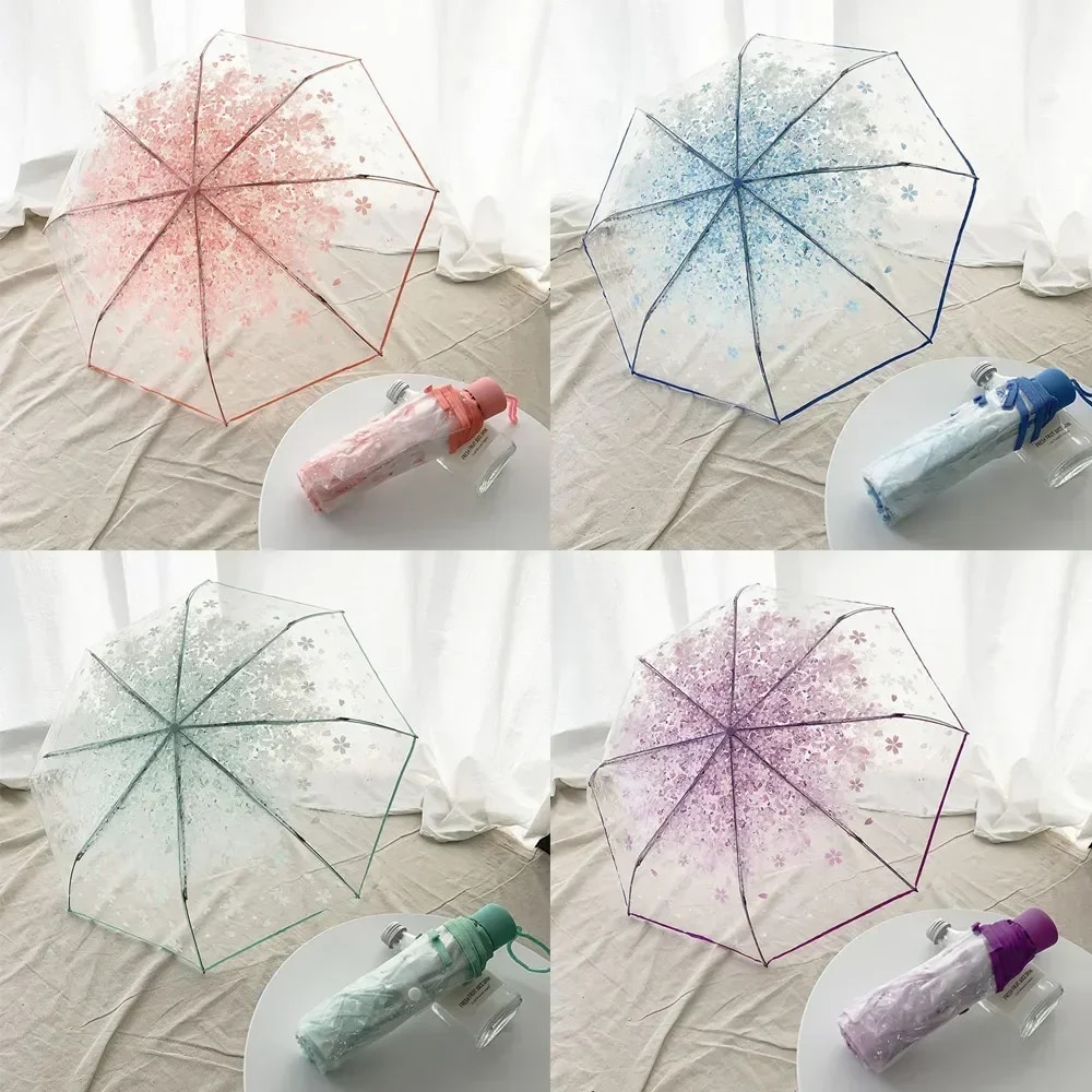 Korean Umbrella Folding Cute Korean Mini Fresh Simple Sen Series Trifold Cherry Blossom Transparent Japanese Umbrella. 