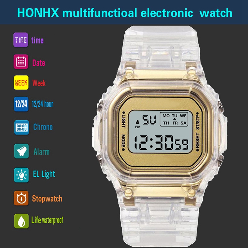 【BestGO】Fashion Men Women Square Watches Gold Casual Transparent Digital Sport Watch Lover's Gift Clock Children Kid's Wristwatch Female Clock Purple Gold 5 Colors Optional. 