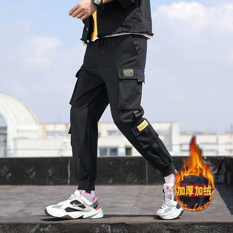 National Fashion Mechanical Style Paratrooper Pants Autumn and Winter Fleece Thickened plus Size Men Loose Fashion Brand Hip Hop Ankle-Tied Multi-Pocket Cargo Pants. 