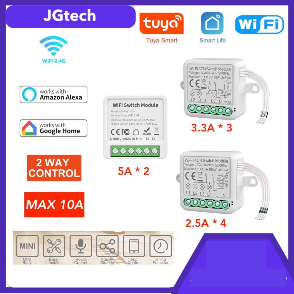Mini Tuya Wifi Smart Light Switch 2/3/4 gang/Ch Module Supports 2 Way Control, App Remote Control DIY Breaker 100-240V, Work with Alexa Google Home