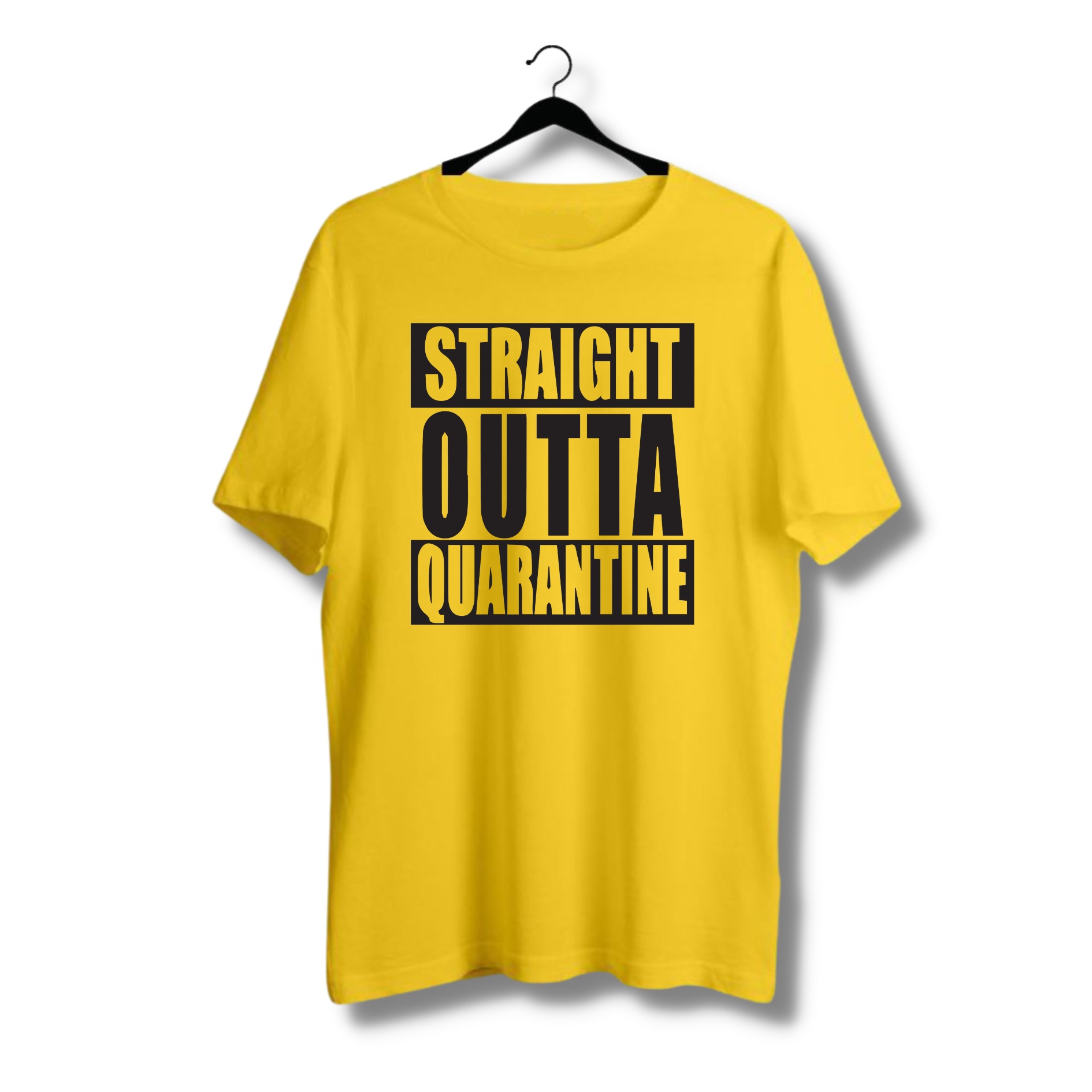 Straight outta quarantine yellow Tshirt  unisex  tees  designer tees  crew neck  silver white  red  blue  black. 