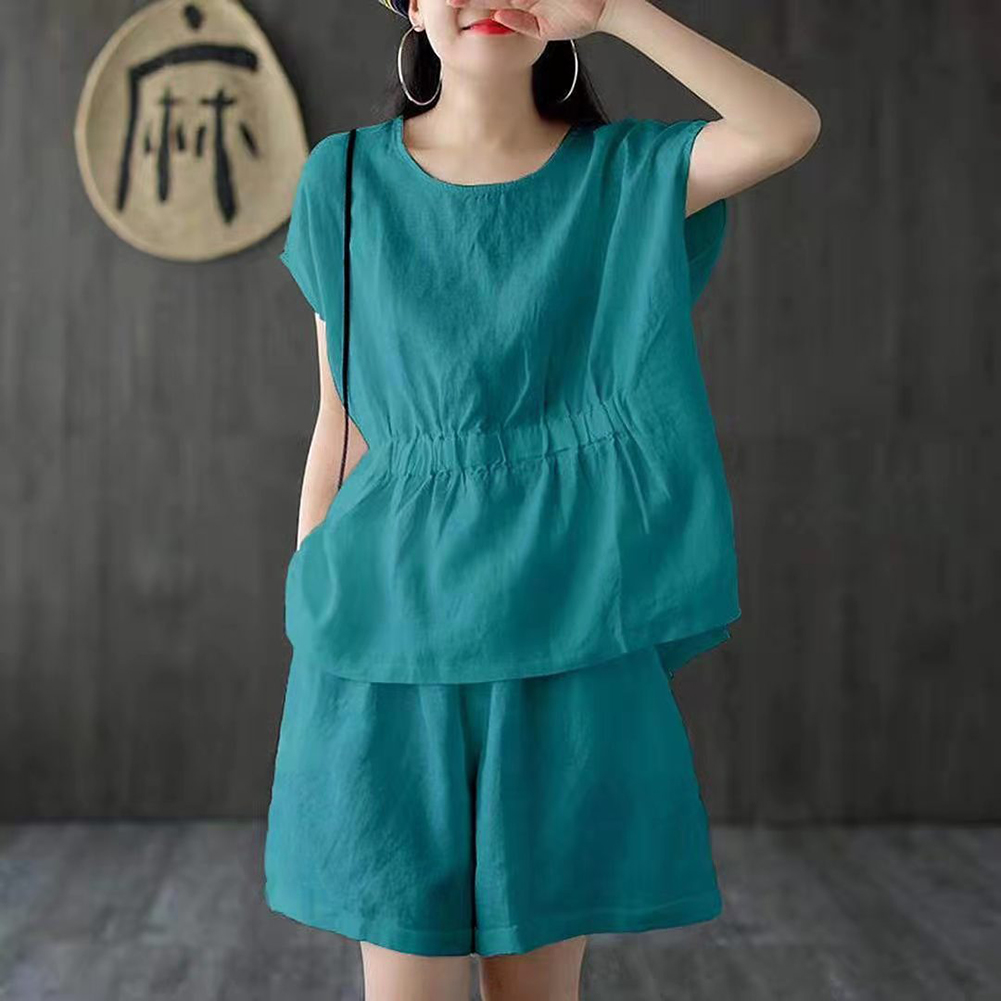 bellylady 2pcs/set Women Cotton Linen Short Sleeve T-shirt +short Pants Classic Round Neck Solid Color Loose Elastic Waist Casual Short  Sets. 
