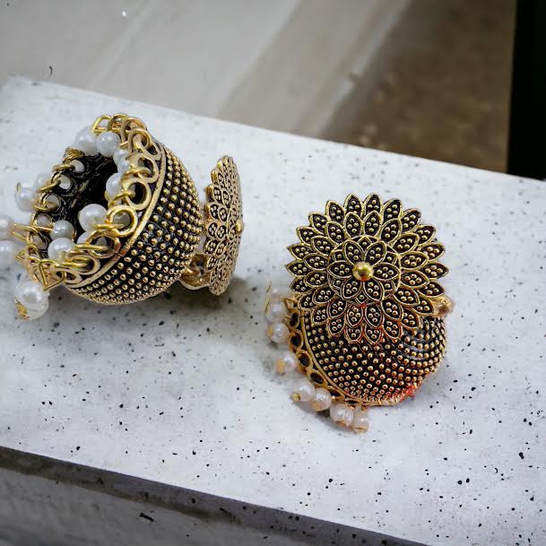 ESH Black gold flower theme Fashion Bollywood Traditional Indian beautiful jimmiki earring with white pearl beaded for women and girl. 