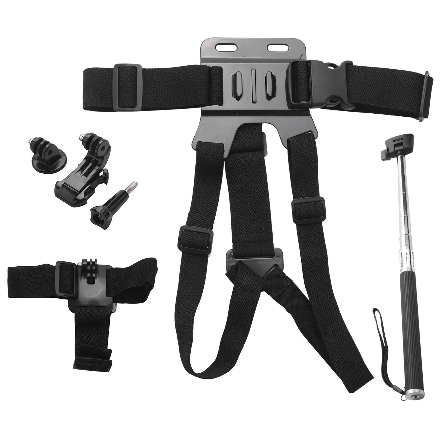 3 in 1 Universal Waterproof Action Camera Accessories Bundle Kit - Head Strap Mount/Chest Harness/Selfie Stick Compatible for Gopro Hero 6 5 Action Camera. 
