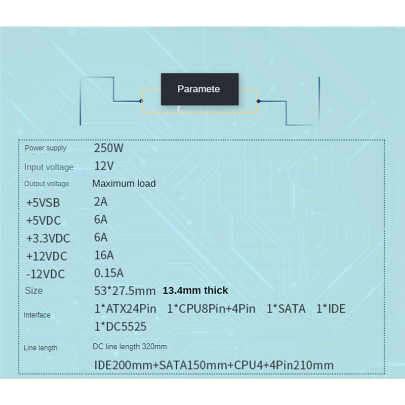 Portable DC 12V 250W 24Pin ATX Connect with Motherboard Mini ITX Power Supply Pcio PSU Module for PC. 