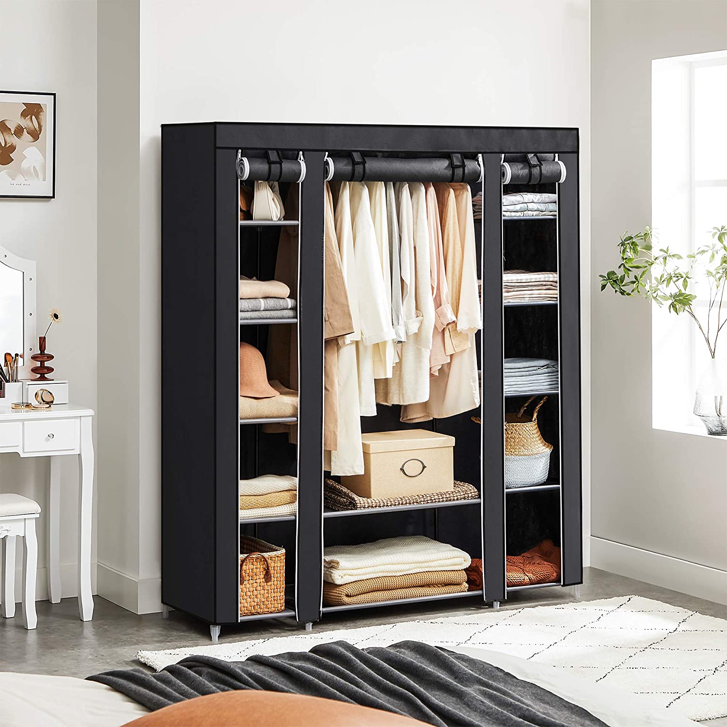 3 Door Storage Wardrobe Organizer with Shelves and Cover for Hanging