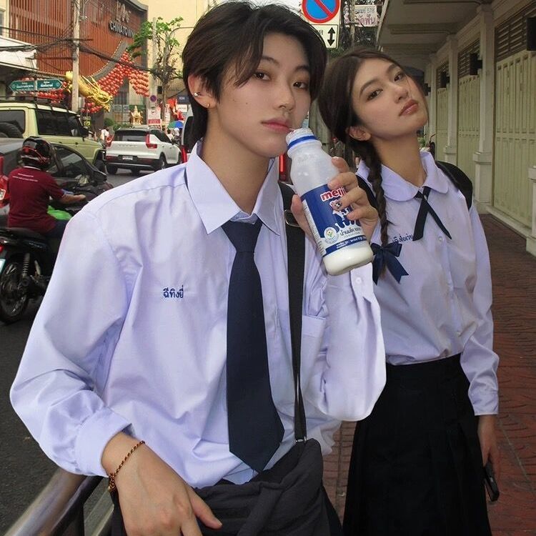 Thailand Thai School Uniform Short-Sleeved Shirt for Women jk Uniform College Style High School Student Summer Sports Meeting Graduation Business Attire. 