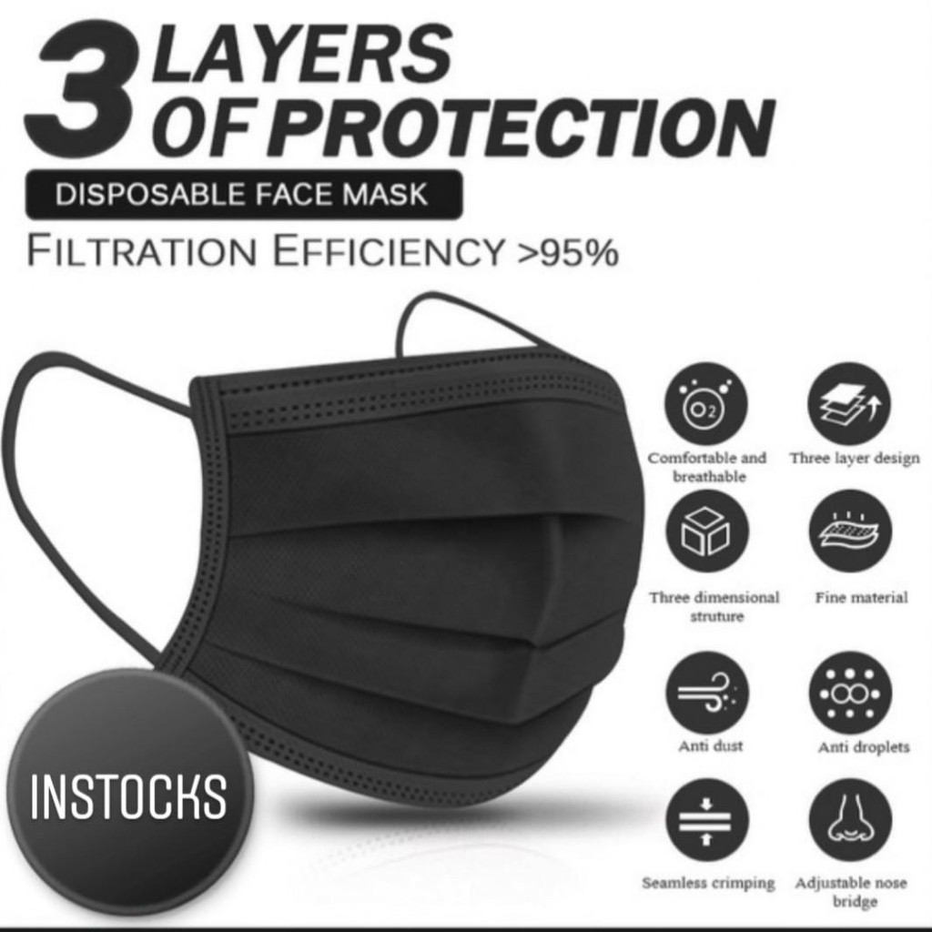 Black Disposable Face Masks, 50 100 Pack Masks 3 Ply Filter Protection