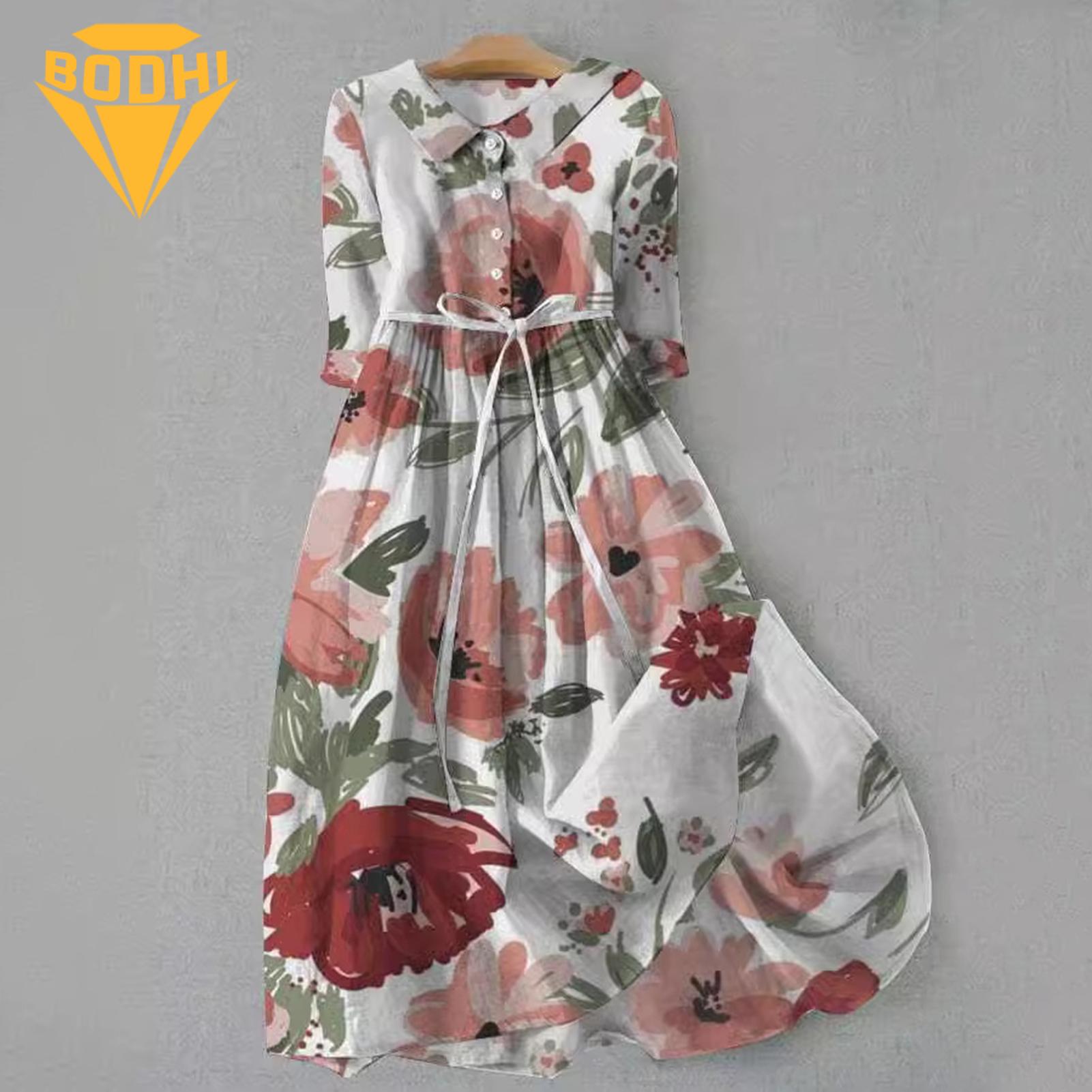 Bohemian Style Dress Bohemian Style Floral Print Midi Dress with Lace-up Strap Fashion Trend Women Lapel Dress. 