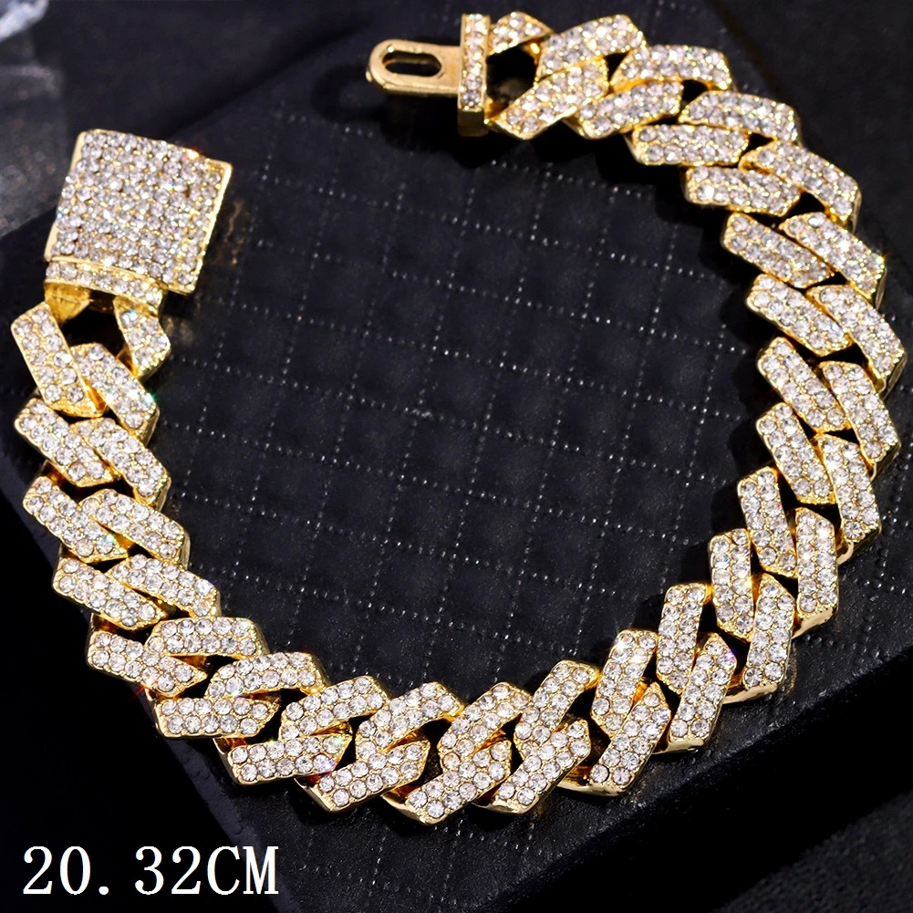ZEBF-Fashion Bling Paved Rhinestone Prong Cuban Chain Bracelet for Women Men Hip Hop Iced Out Chunky Link Chain Bracelets New Jewelry. 