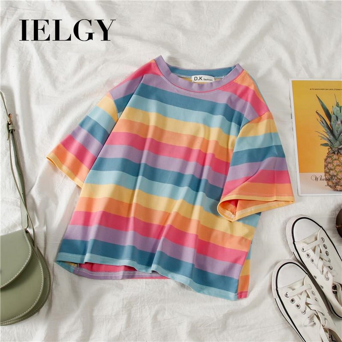 IELGY Ins rainbow striped short-sleeved 