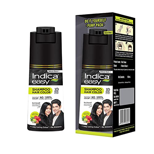 Indica Easy Do-It-Yourself Hair Color Shampoo Pump Pack with 5 Herbal Extracts and 100% Ammonia Free, Long Lasting Formula, 180 ML - Natural Black Colour (Gloves Included) (FROM INDIA SAB)