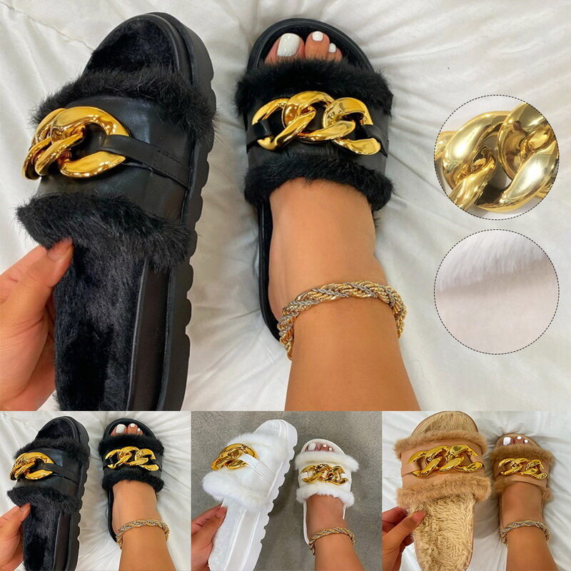 【BestGO】Summer Plush Slippers Fashion Open Toe Solid Color Women's Sandals Metal Chain Outdoor Casual Plus Size Shoes. 