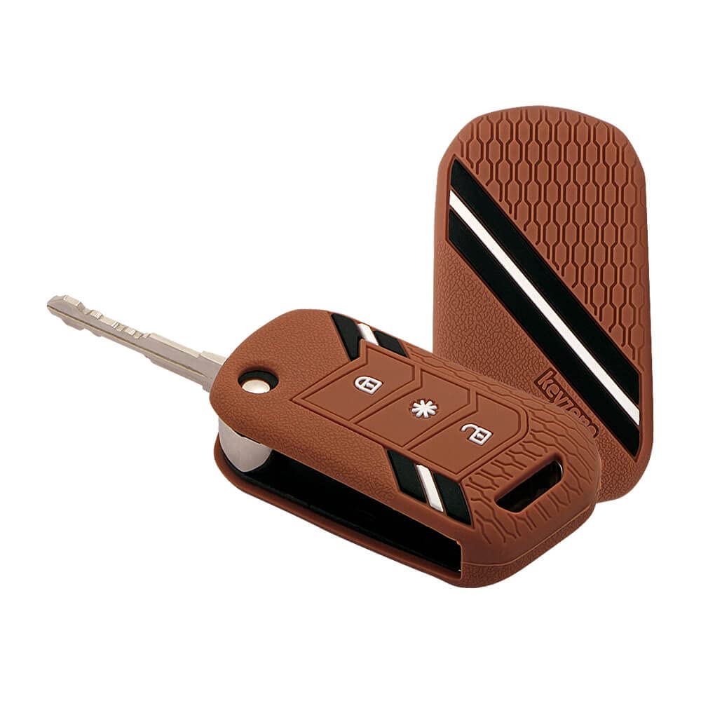 Keyzone® Striped Silicone Key Cover Compatible for Mahindra Marazzo, Scorpio-N, Bolero, Scorpio, TUV300 Plus, Thar, XUV400, XUV700, XUV300 3 Button flip Key (Brown) SAM2