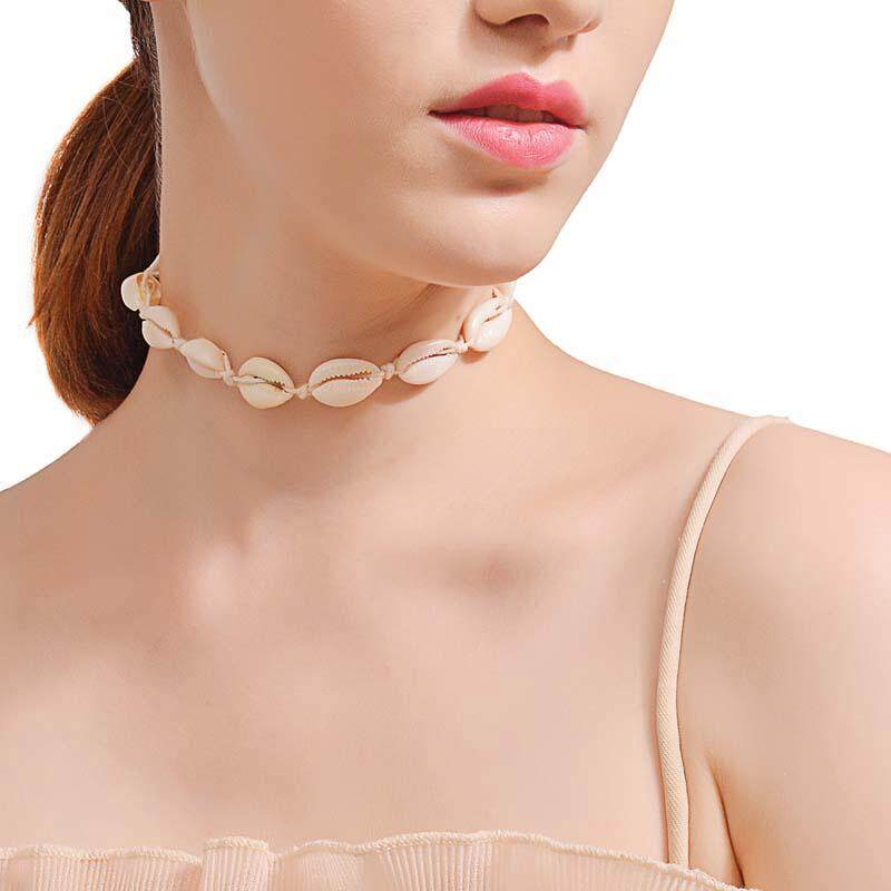 Boho Bohemian Natural Seashell Necklace -Braided Rope Sea Shell Pendant Chain Choker Necklace- Women Beach Jewelry