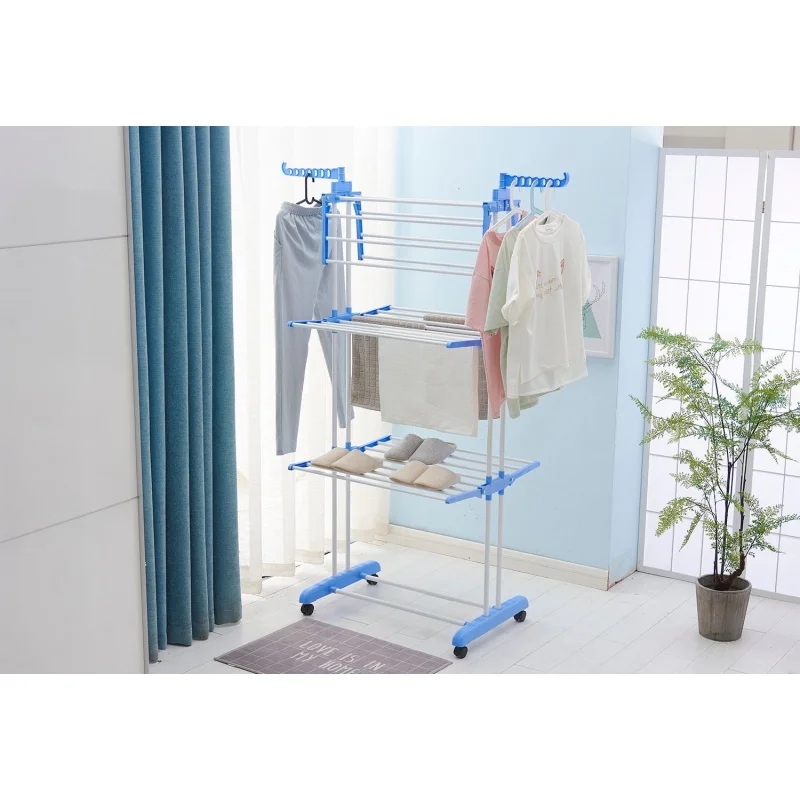 Three Layers Clothes RackCloth Drier Rack Clothes Drying Rack,4-Tier Foldable Clothes Hanger Adjustable Large Stainless Steel Garment Laundry Racks for Indoor Outdoor. 