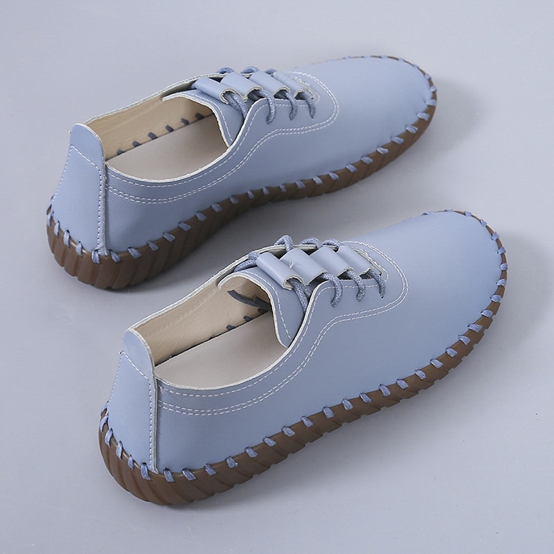 【ALLGOOD】Spring Women Flat Shoes  Handmade Sewing   Cow-muscle Soft Bottom Daily  Up Women Casual Shoes. 