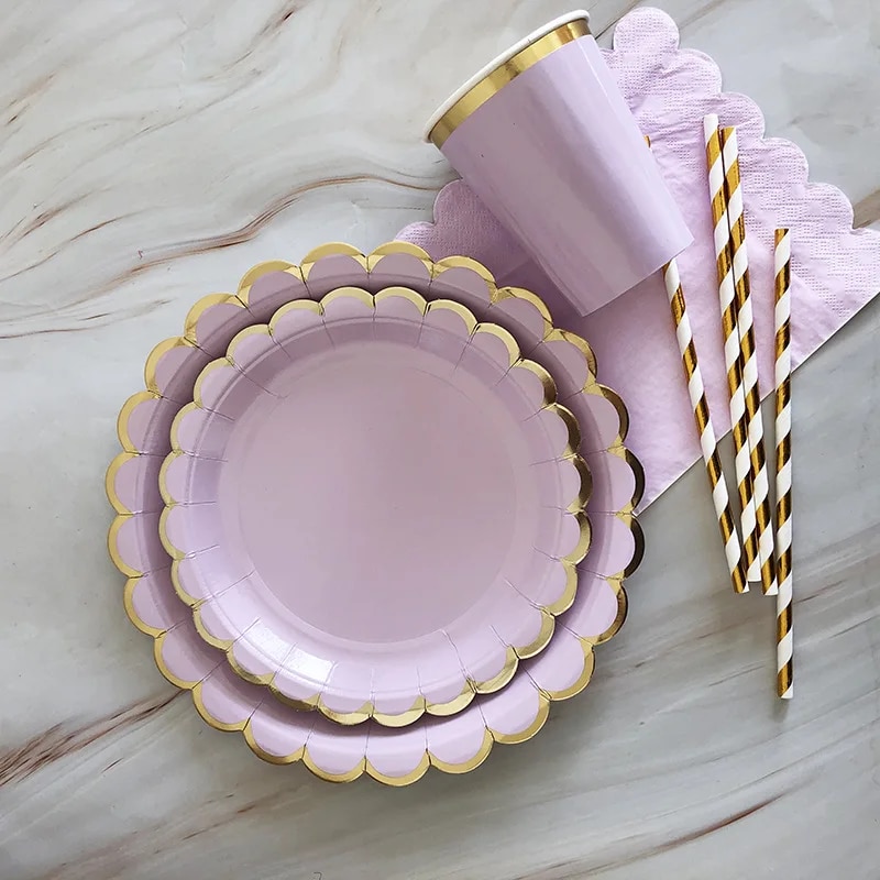paper plates Gold Disposable Tableware Sets Purple Party Paper Cup Plates baby Shower Birthday Party Supplies Carnival Wedding decor FavorsParty Tableware. 
