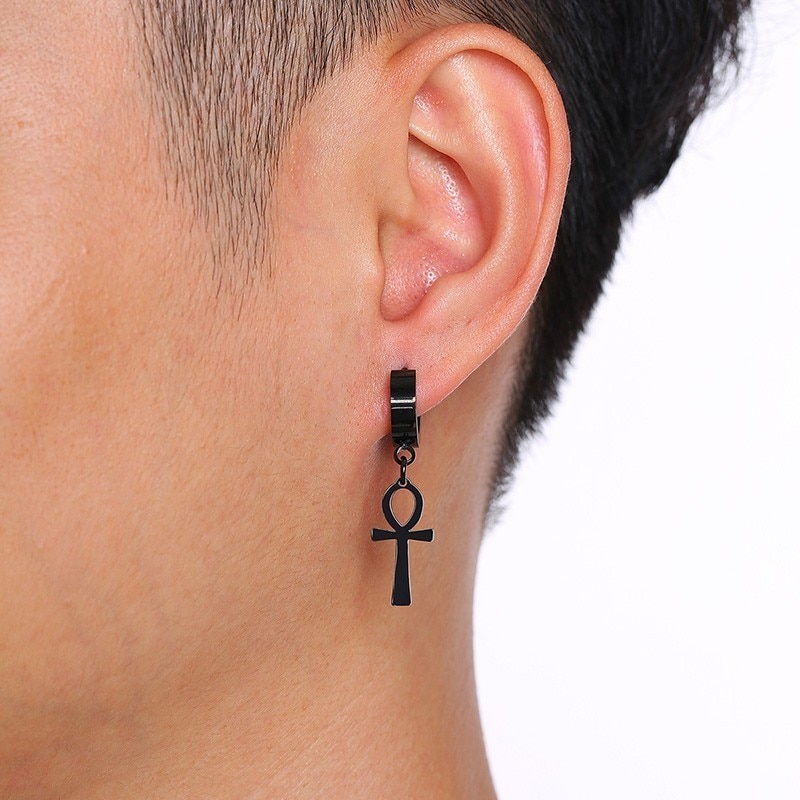Vintage Cross Egypt Ankh Earrings for Men Jewelry Black Silver and Gold Tone Stainless Steel Egyptian brincos. 