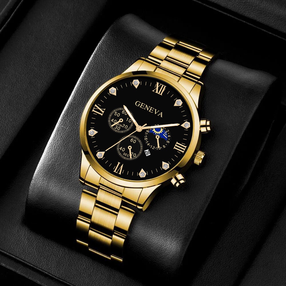 2Pcs/Set Fashion Casual Accessories Business Men Gift Gold Metal Steel Strip Chain Bracelet Quartz Watch Set. 