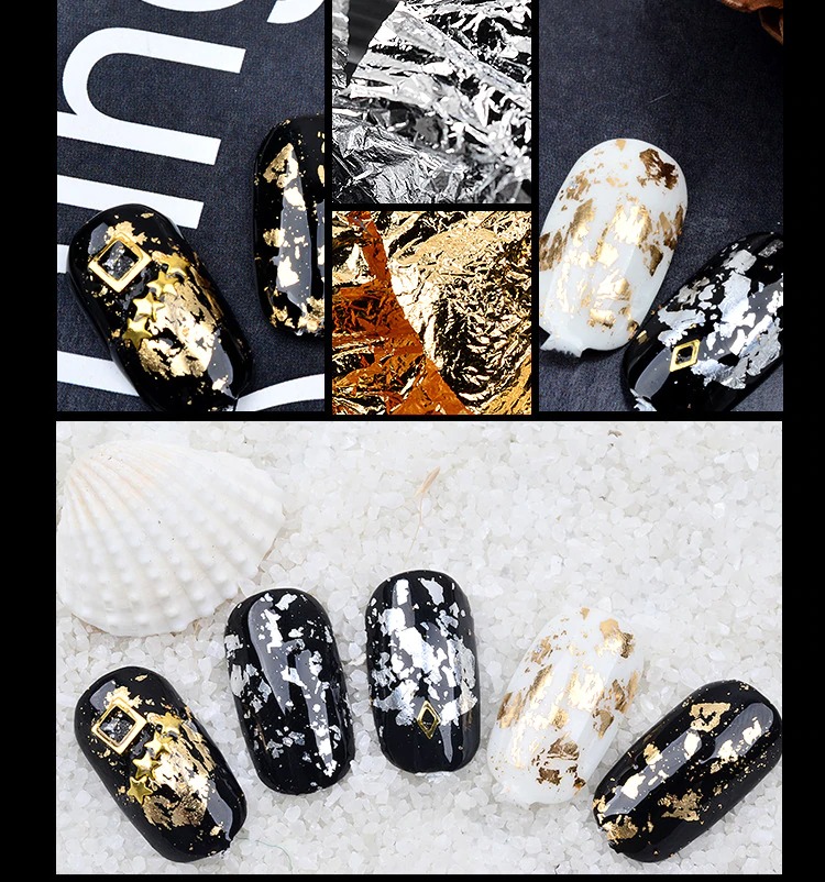 Gold Silver Irregular Aluminum Foil Paper Nail Art Sticker 3D Glitter DIY Manicure UV Gel Polish Nail Decoration. 