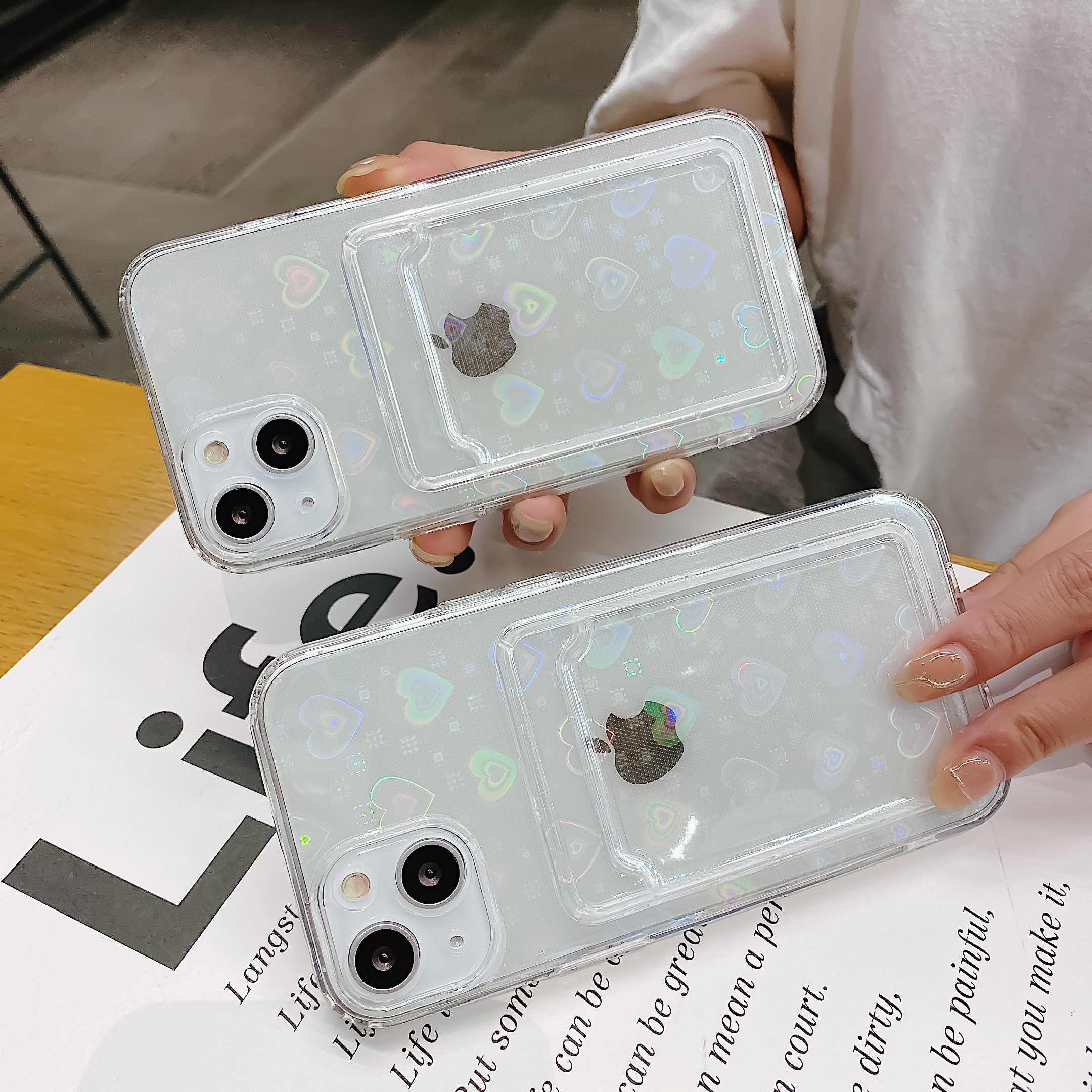 【ThinkWay】Holographic Heart Phone Case For iPhone 13 Pro Max 11 12 XR 6 7 8 Plus XS X SE   Clear Wallet Card Holder Storage Cover. 