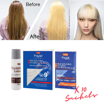 Pixel Hair Bleaching Powder 15g with Developer 12%  (very light blond or white color). 