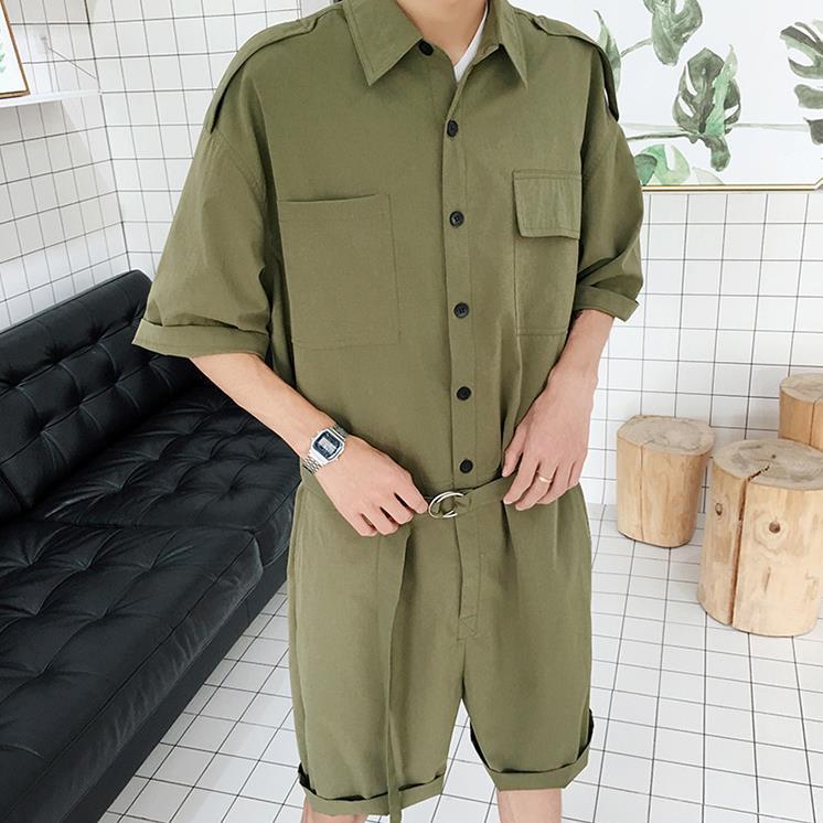 Internet Celebrity Jumpsuit Workwear Trendy Men 2019 Popular Suit Hip-Hop Fashionable Brand Loose Korean Style Trendy Summer Two-Piece Set. 