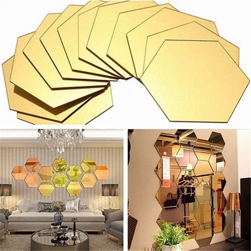 【BestGO】12pcs 3D Mirror Hexagon  Sticker Dinding Model Vinyl Removable Wall Sticker Decal Home Living Room Decor. 