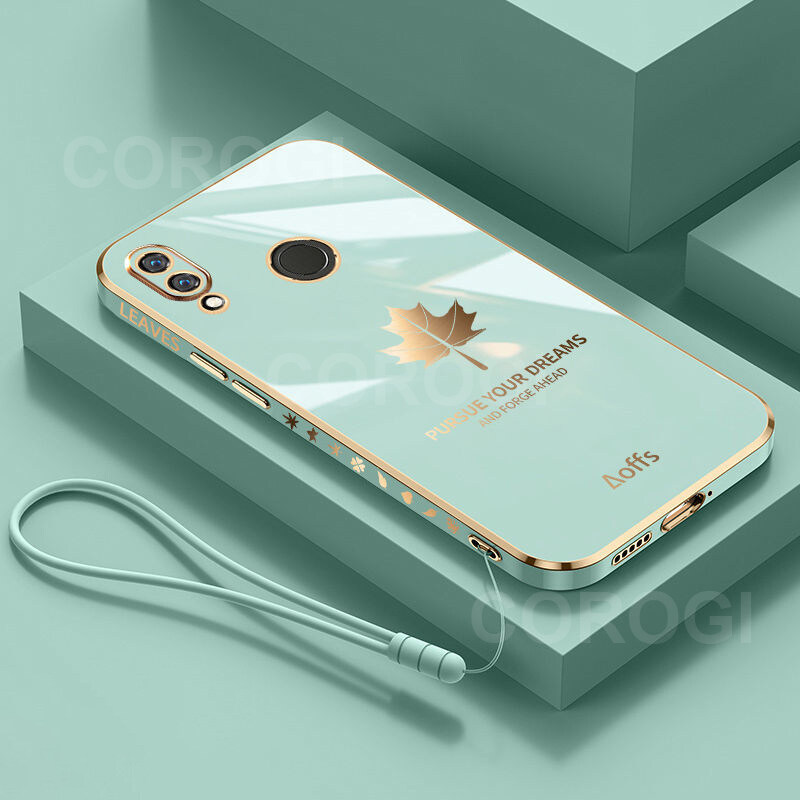 LECOMES for Huawei Y6 Prime 2019/Huawei Y6s Back Cover + Free Lanyard Luxury 6D Plating Shiny Maple Leaf Protective Case Square Bumper Soft Silicone Mobile Phone Cases. 