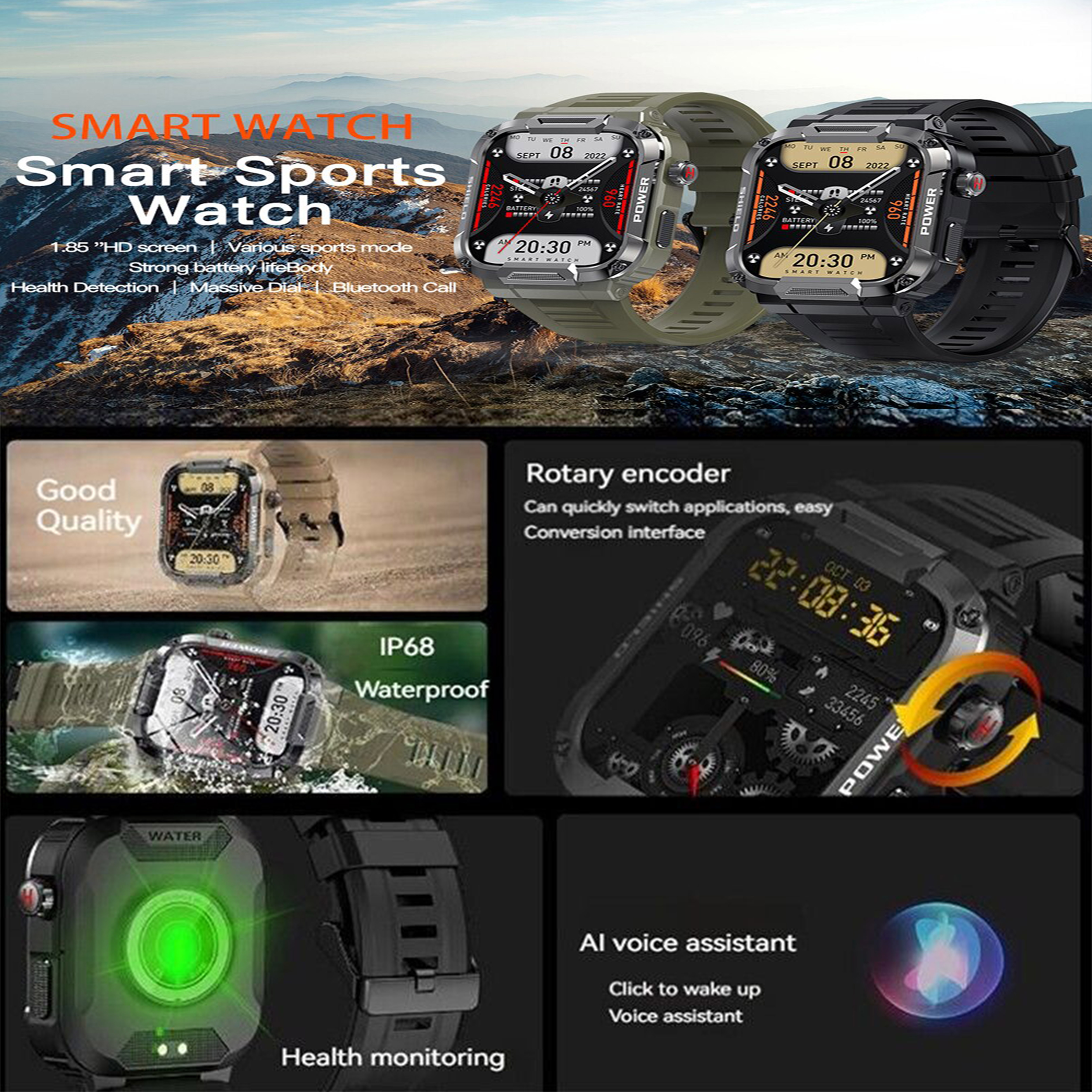 Original 2024 New Released Smart Watch Rugged Military  1.85 Outdoor Men Bluetooth Call Smartwatch For Xiaomi Android IOS Ip68 Waterproof Fitness Watches 2024 New Release. 
