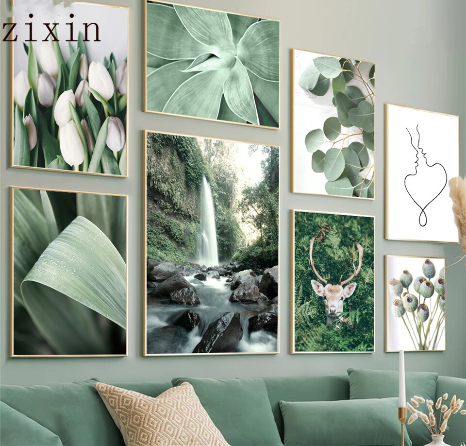 White Tulips Deer Forest Waterfall Poster Nature LandscapeCanvas Painting Green Leaf Home Interior Decor Orange Picture Prints. 