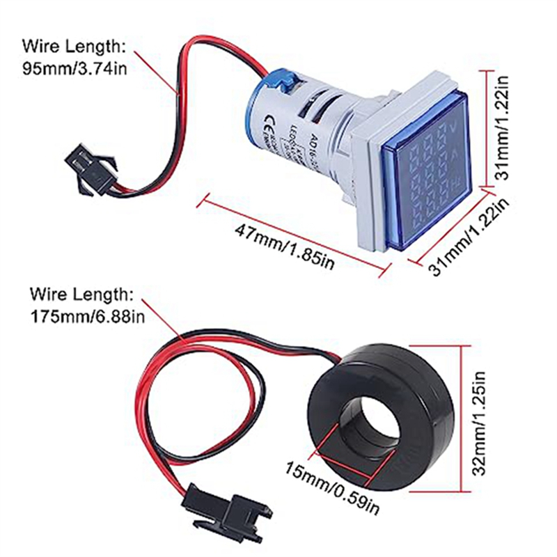 2PCS Current Voltage Hertz Meters Digital 3In1 22mm Voltmeter Ammeter Hz Meter Current Frequency Indicator AC 60-500V. 