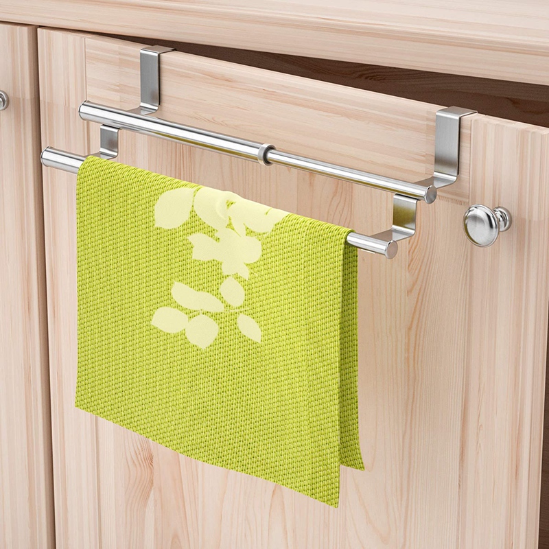 Kitchen Over Cabinet Double Towel Bar Rack, Expandable Hand Towel Holder for Universal Fit on Inside Or Outside. 