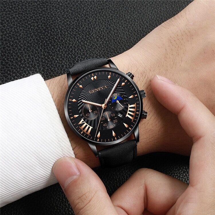 Enacolor 2Pcs/Set Simple Male Leather Bracelets Quartz Watch Set Fashion Casual Accessories Men Gift. 