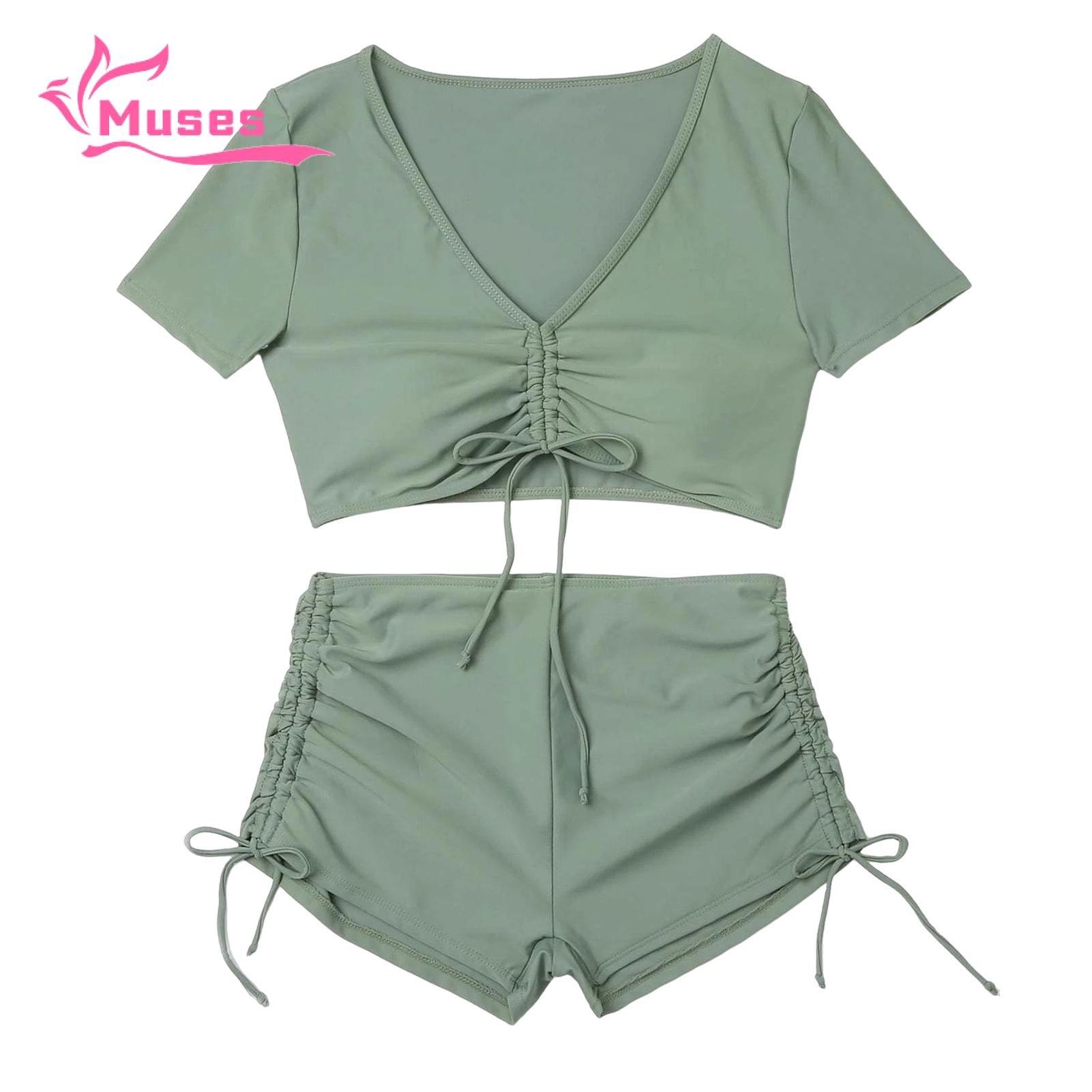 Muses Mall V-neck Swimsuit 2pcs Women's Summer Bikini Set V-neck Short S ve Tops High Waist Drawstring Swimming Trunks Quick Dry Swimsuit Solid Color. 
