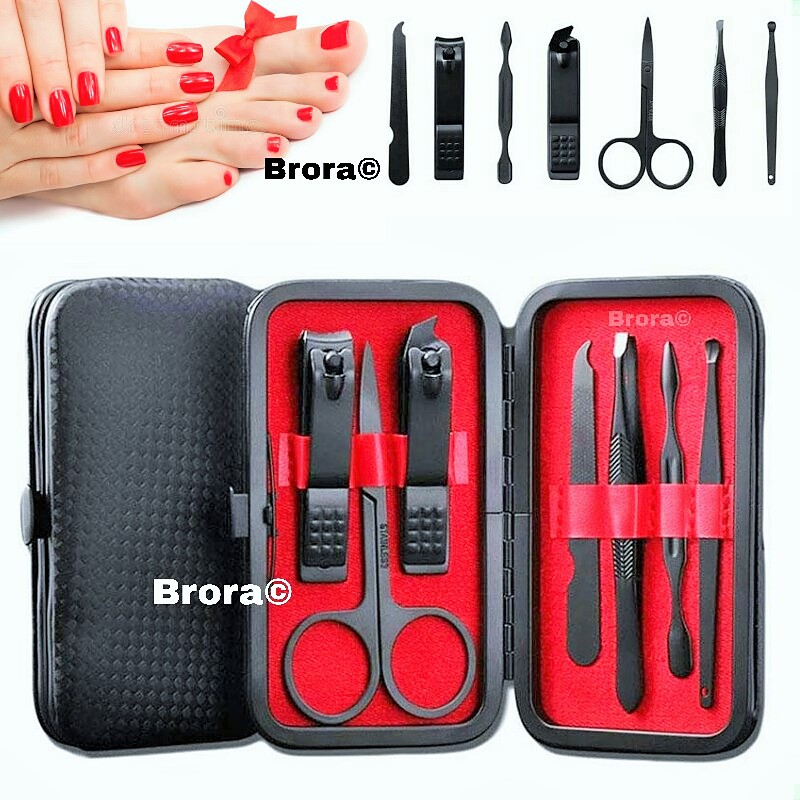 Nail Clipper Set Manicure Pedicure Kit 7 In 1 Black Stainless Steel Professional Grooming Kit with Black Leather Travel Case