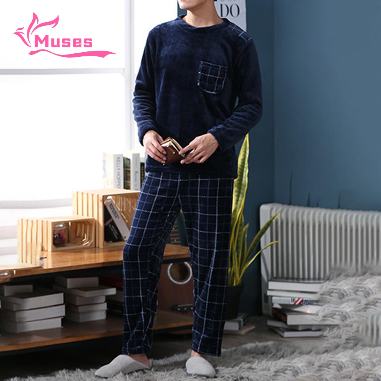 Muses Mall Plus Size Pajama Set Cozy Men's Winter Pajama Set Soft Warm Round Neck Long Sleeve Top with Elastic Waist Pants 2 Pcs/set Elastic Waist Pajama Pants. 