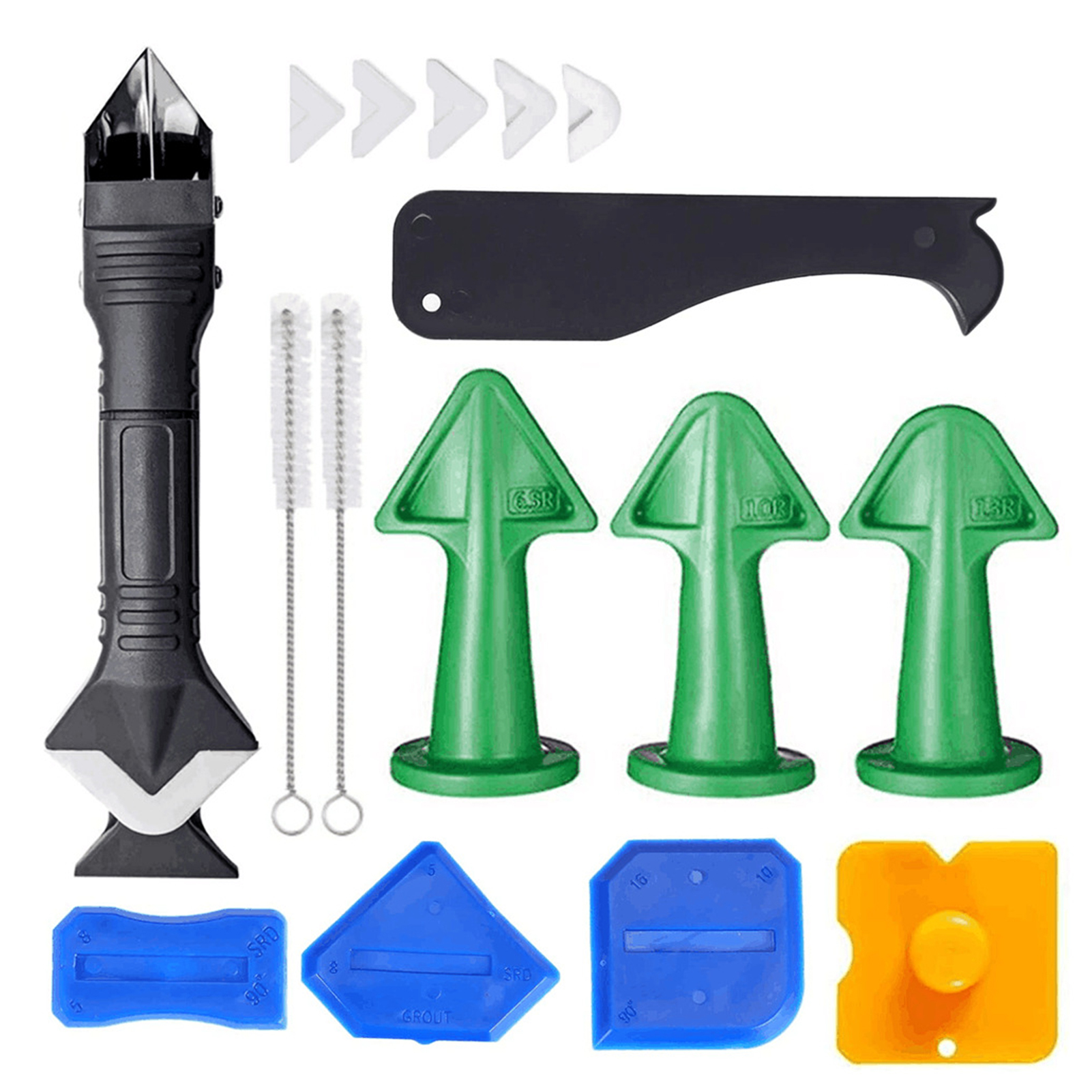 KOGEEK 17 PCS Caulk Remover Tools 3 in 1 Metal Scraper with 6 Silicone Pads Grout Angle Scrapers Caulking Nozzle Applicator Cleaning Brush Sealant Finishing Tools for Kitchen Bathroom Window Sink Tile