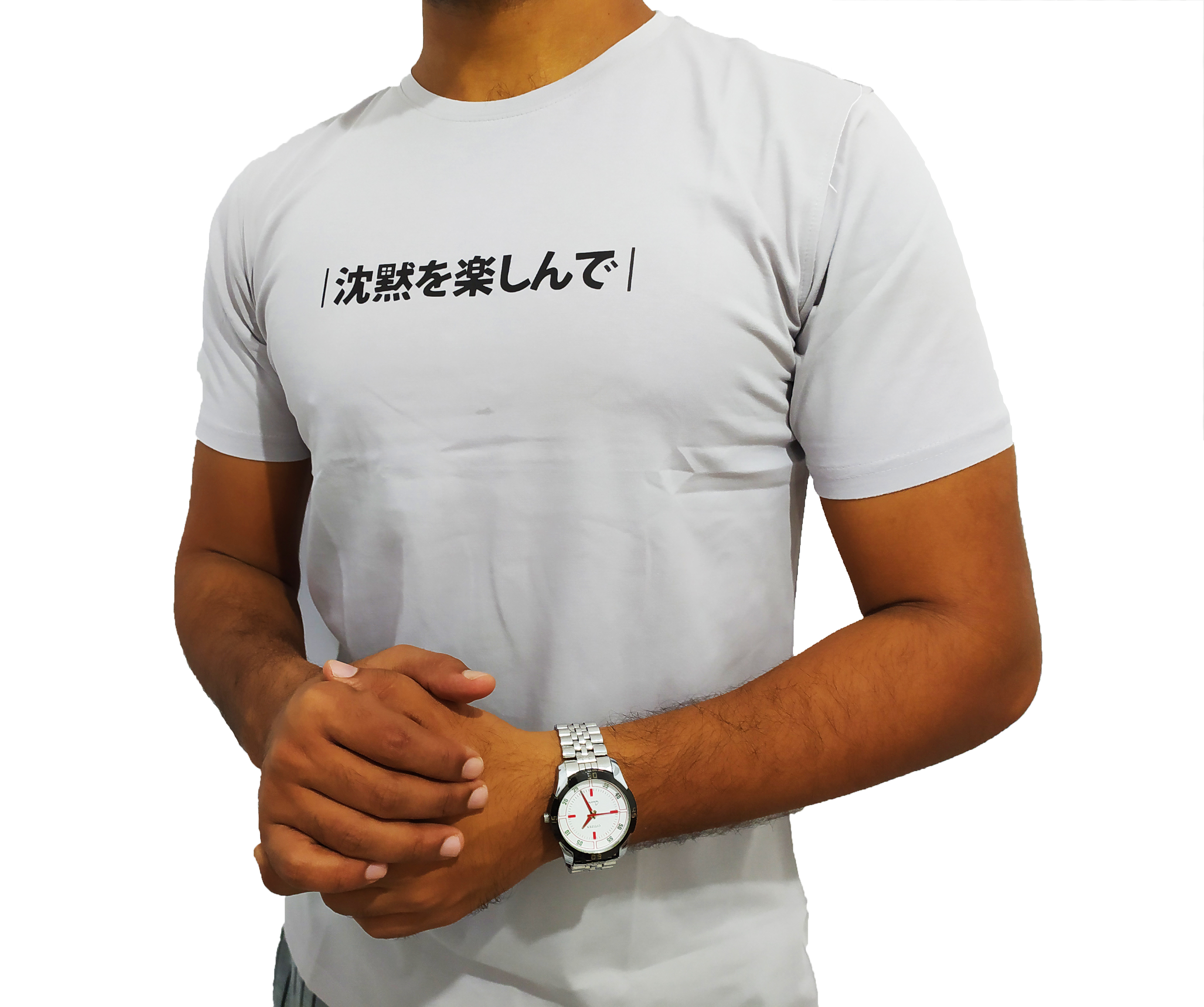 Japanese Letters Single Jersey Cotton Grey Solid Color Short Sleeve Men’s Crew Neck Collarless Stretch Comfort T Shirts. 