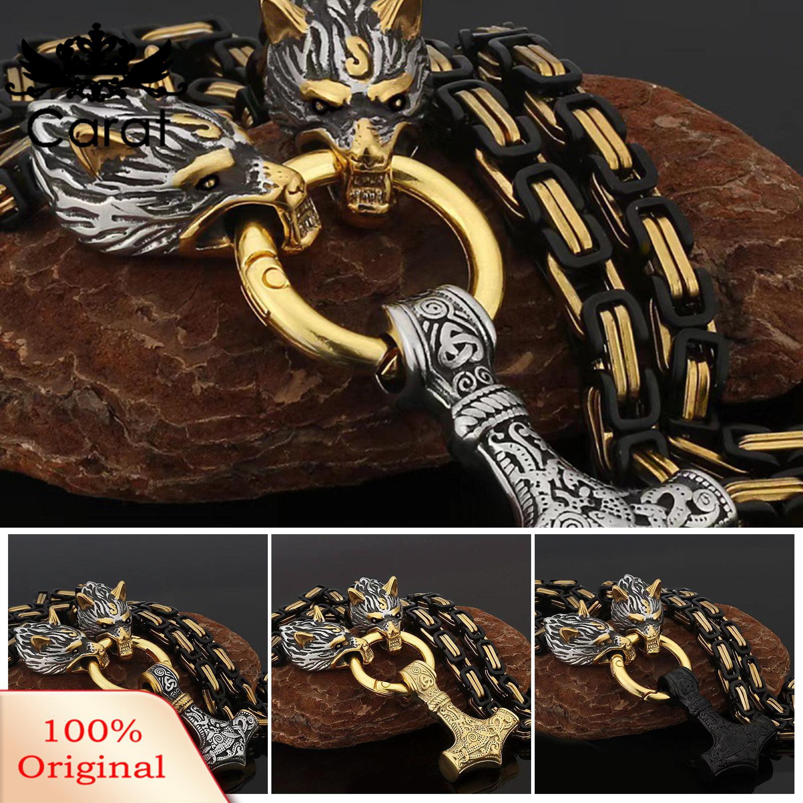 Carat Protective Charm Necklace Viking Hammer Wolf Head Pendant Necklace Symbol of Strength Perfect for Birthdays Weddings Christmas Gifts Retro Nordic Style Men's Jewelry Stainless Steel Necklace. 