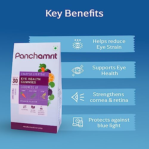 Panchamrit Eye Health Gummies- 30 Gummies (Pack of 3) | Protects against Blue Light Damage, Digital Strain and Dry Eyes | Enriched Lutein, Zeaxanthin, Carrot Powder & Ayurvedic herbs for Kids & Adults (FROM INDIA)SAB. 