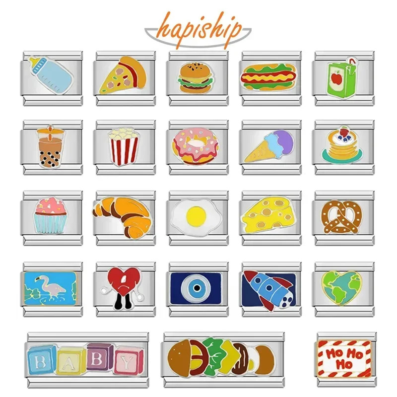Hapiship  New Fashion Food Hamburger Ice Cream Charm Italian Links Fit 9mm Bracelet Stainless Steel Jewelry DIY Making DJ585