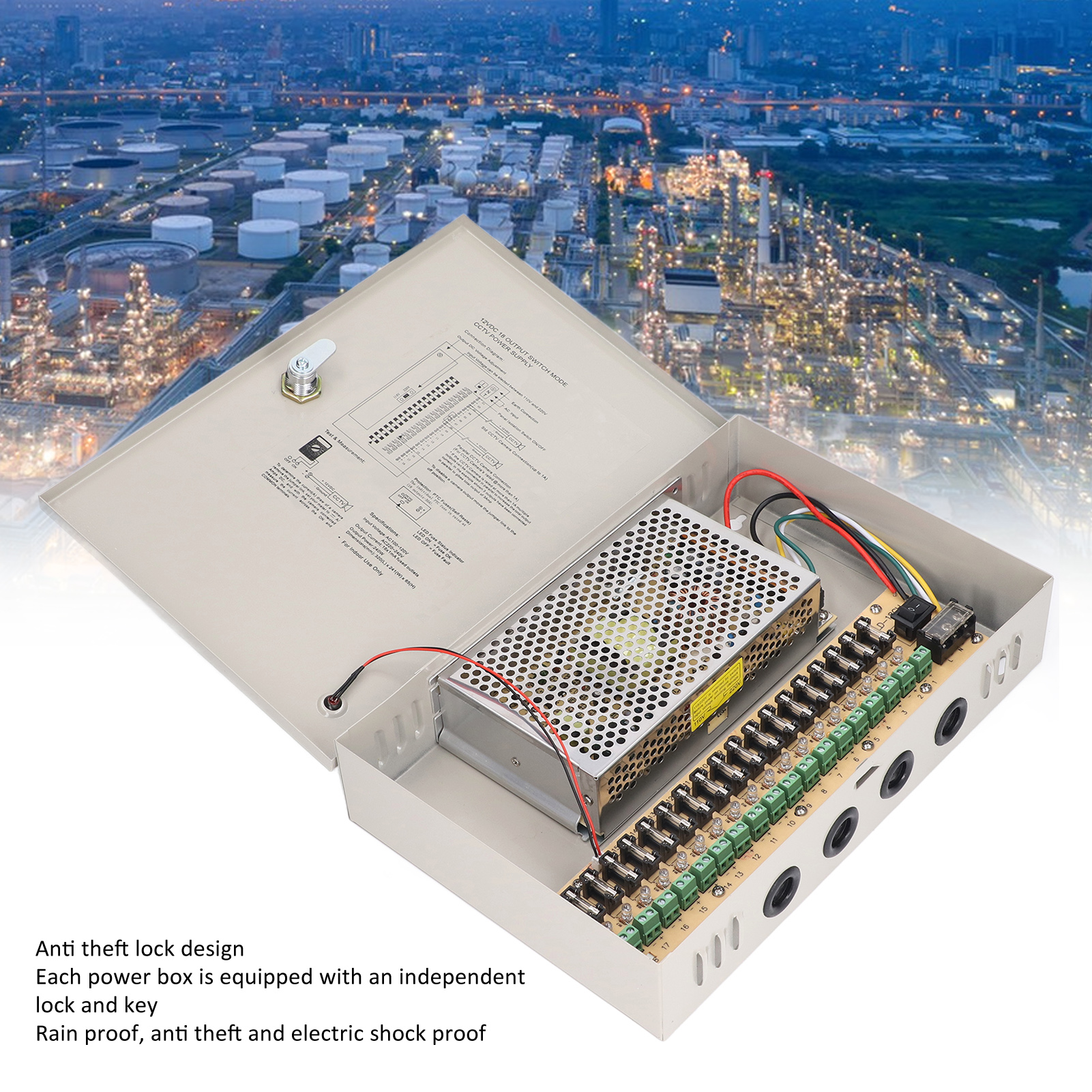 CCTV Power Supply 110V 12V10A Electric Shock Proof Power Supply Box Anti Theft Lock 18 Channel Rain Proof for Market. 