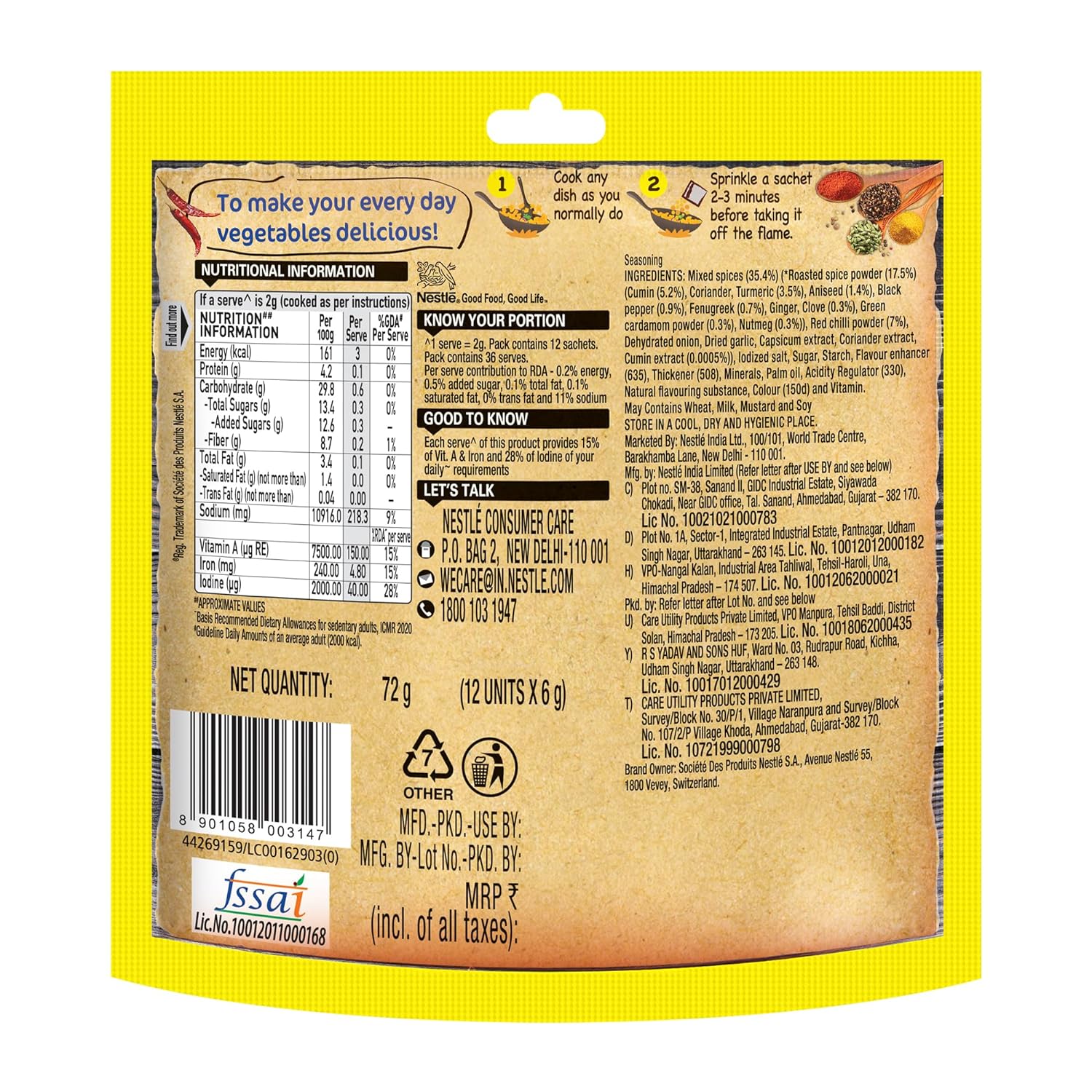 MAGGI Masala-ae-Magic Vegetable Masala, 72g Pouch (6g x 12 Sachets) | All in One Masala for Dry Vegetables, Paneer, Dal & more SAM. 