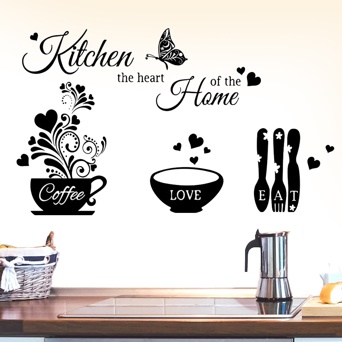 Kitchen Wall stickers Cooking Wall Decal Home Decoration Wall Decor Kitchen Kitchen the Heart of the Home Kitchen stickers Black theme wall sticker Big Butterfly Kitchenware cooking tools. 