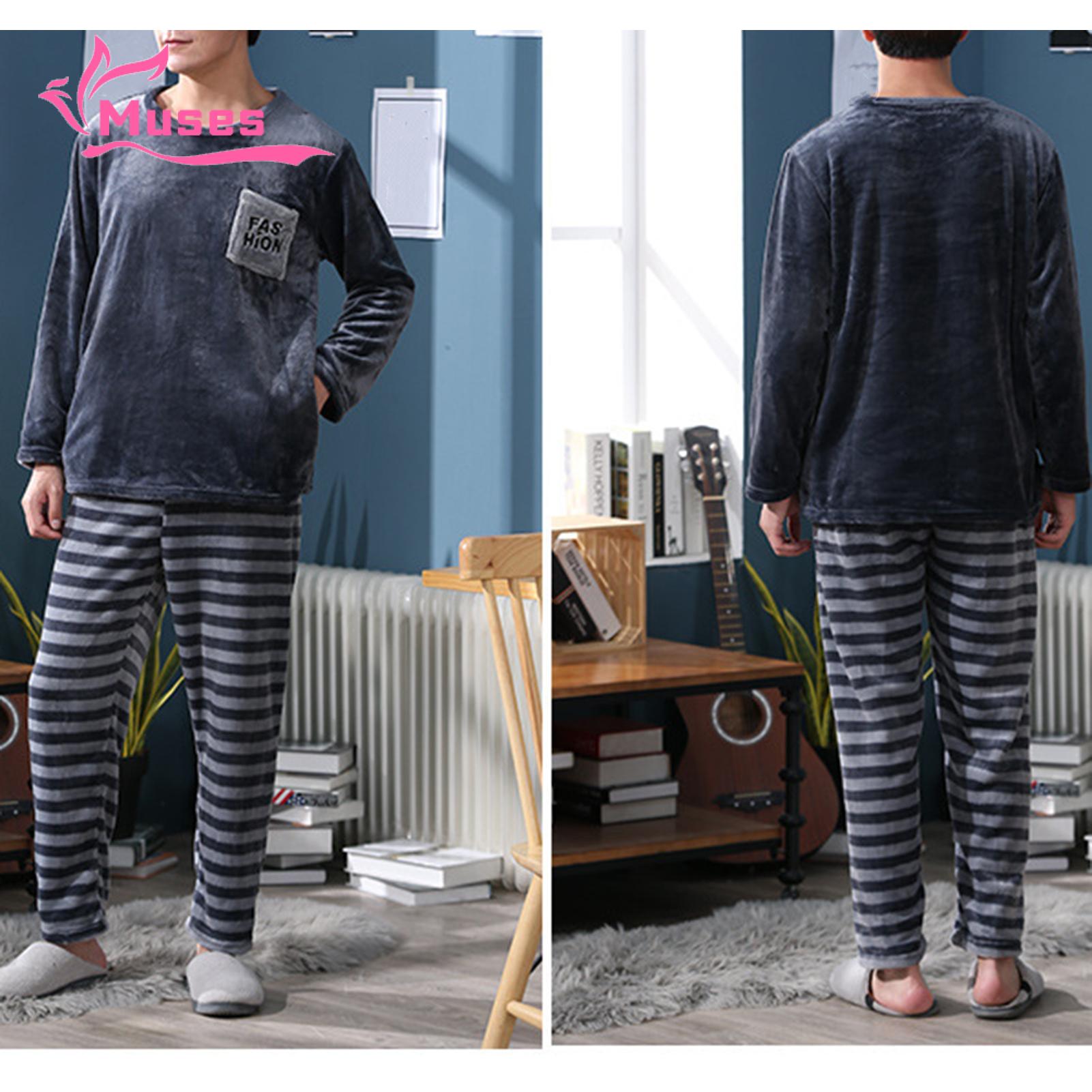 Muses Mall Plus Size Pajama Set Cozy Men's Winter Pajama Set Soft Warm Round Neck Long Sleeve Top with Elastic Waist Pants 2 Pcs/set Elastic Waist Pajama Pants. 