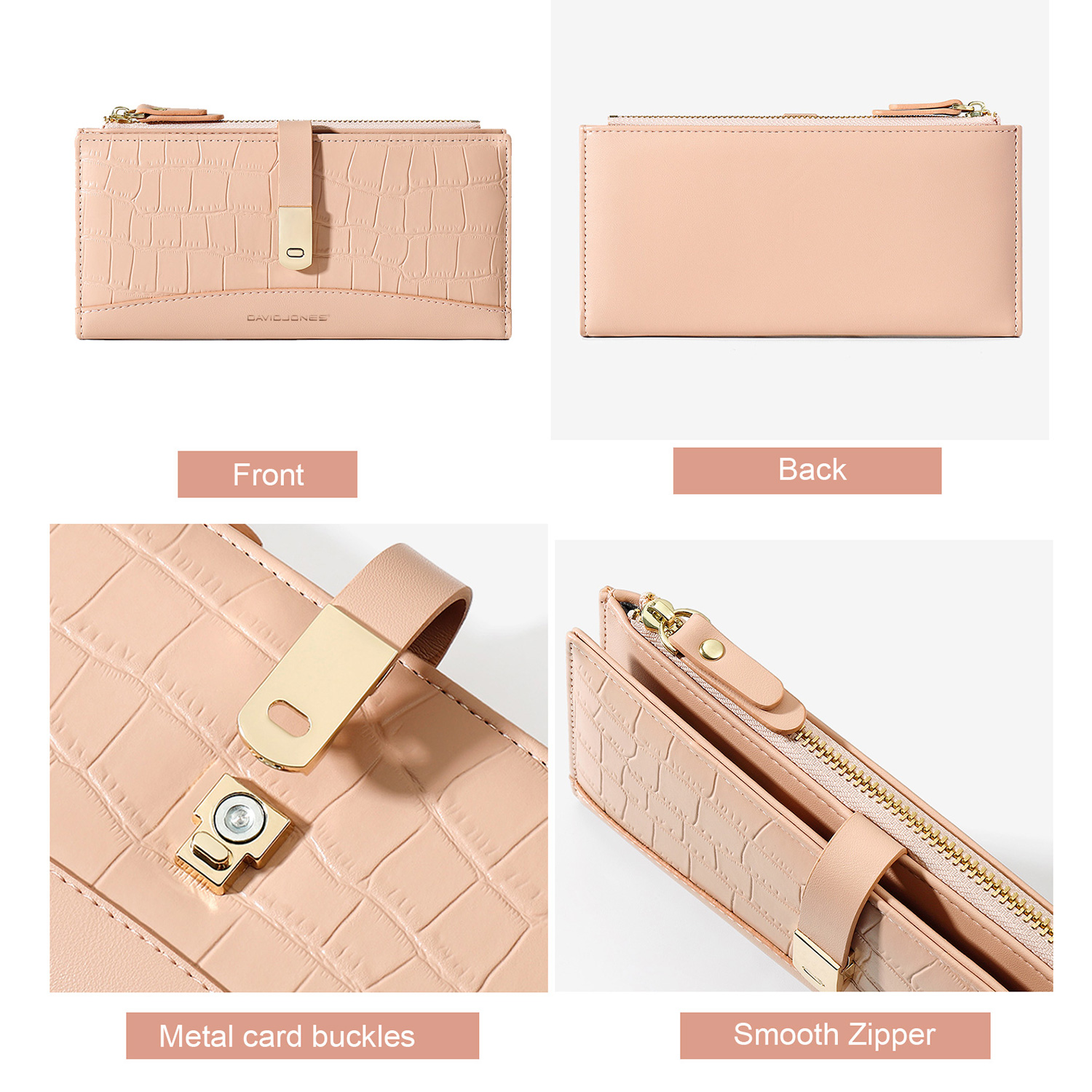 David Jones Paris Long Crocodile Wallet 2 Fold Phone Card Holder Organiser for Women and Gilrs. 